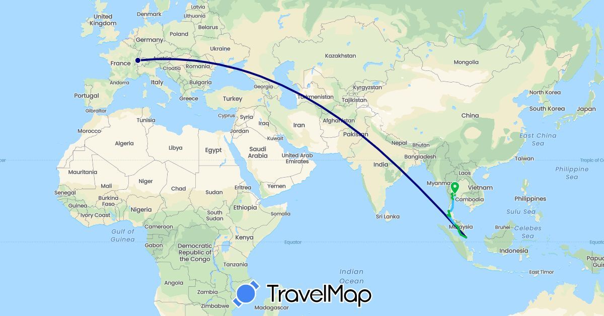 TravelMap itinerary: driving, bus, plane, boat in Switzerland, Malaysia, Singapore, Thailand (Asia, Europe)